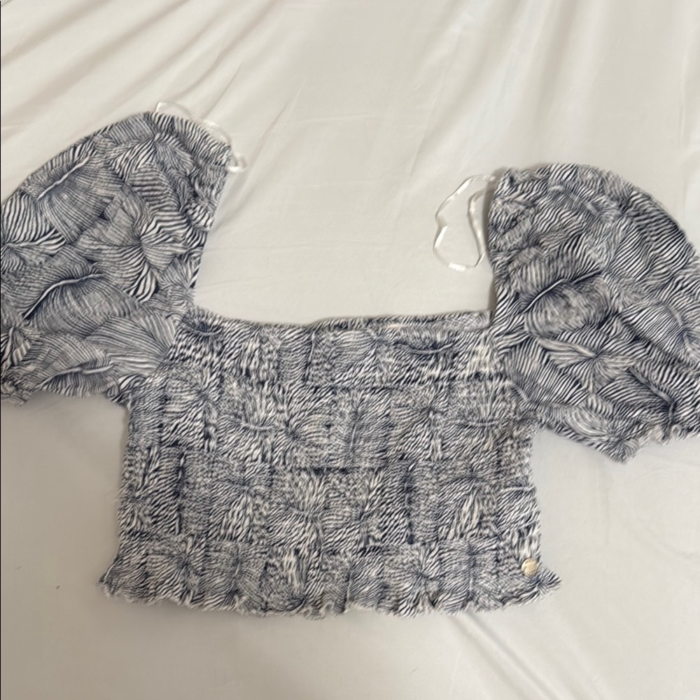 Roxy Black and White Smocked Cap Sleeve Blouse